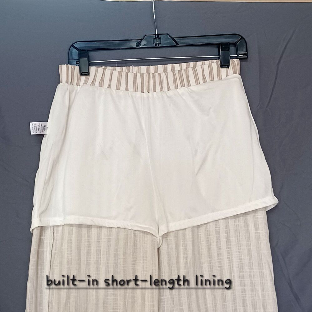 May Design Women’s M Khaki/Cream Striped WideLeg Pull‑On Pants Pockets Lined NWT - Picture 13 of 13